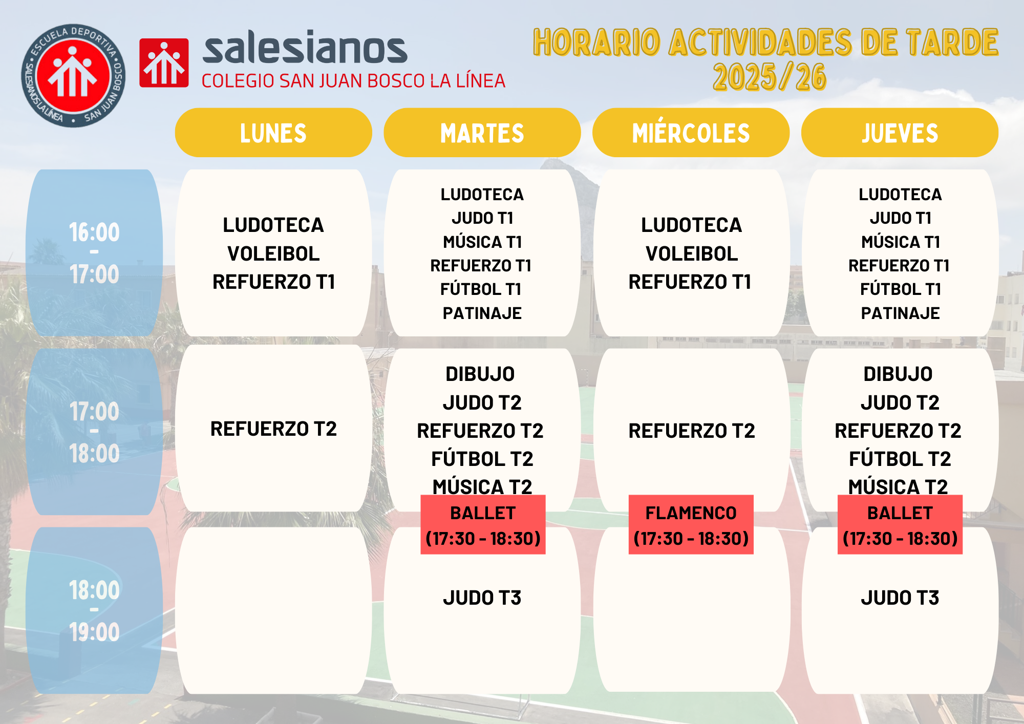 Horarios actividades tarde