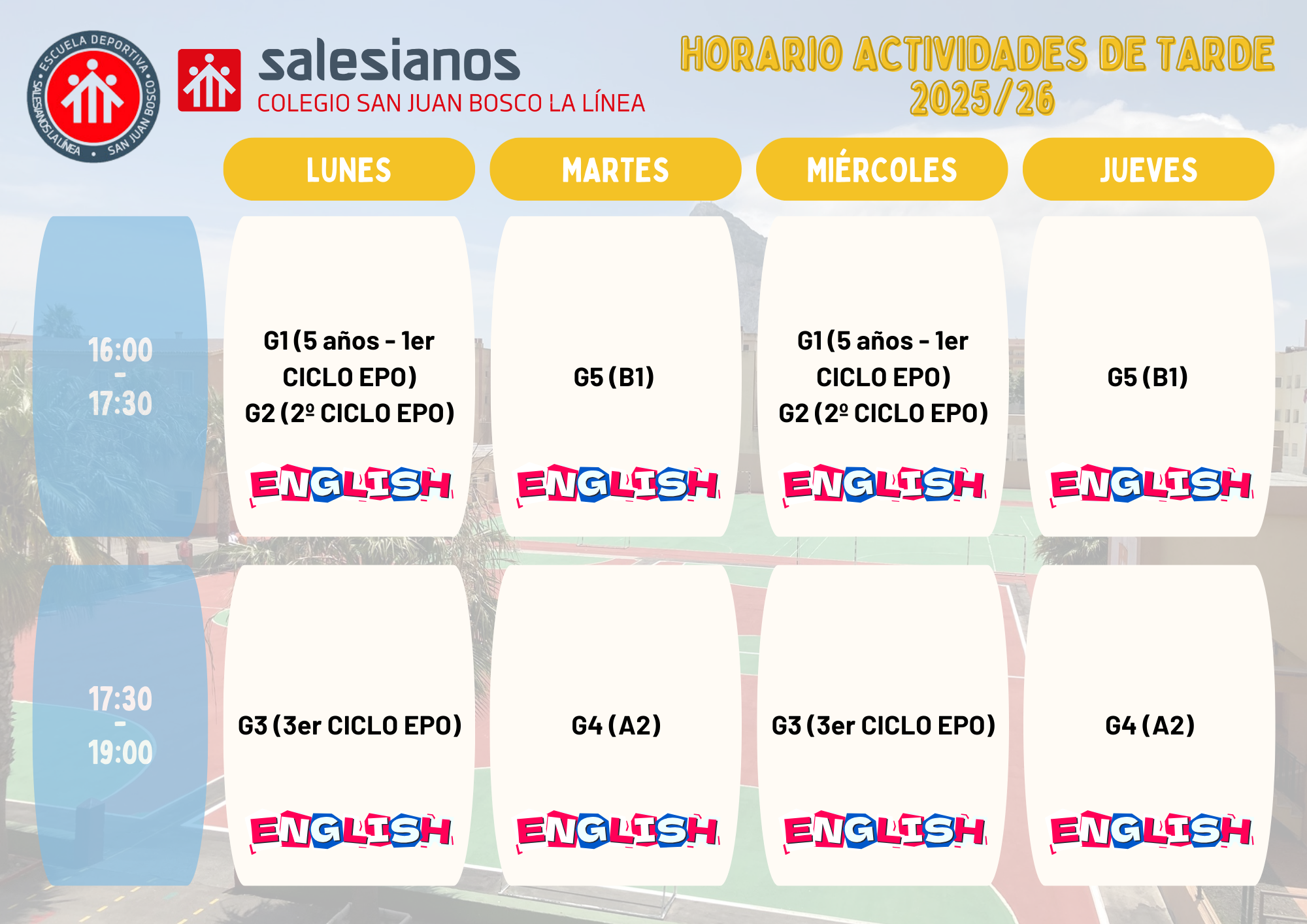 Horarios actividades tarde