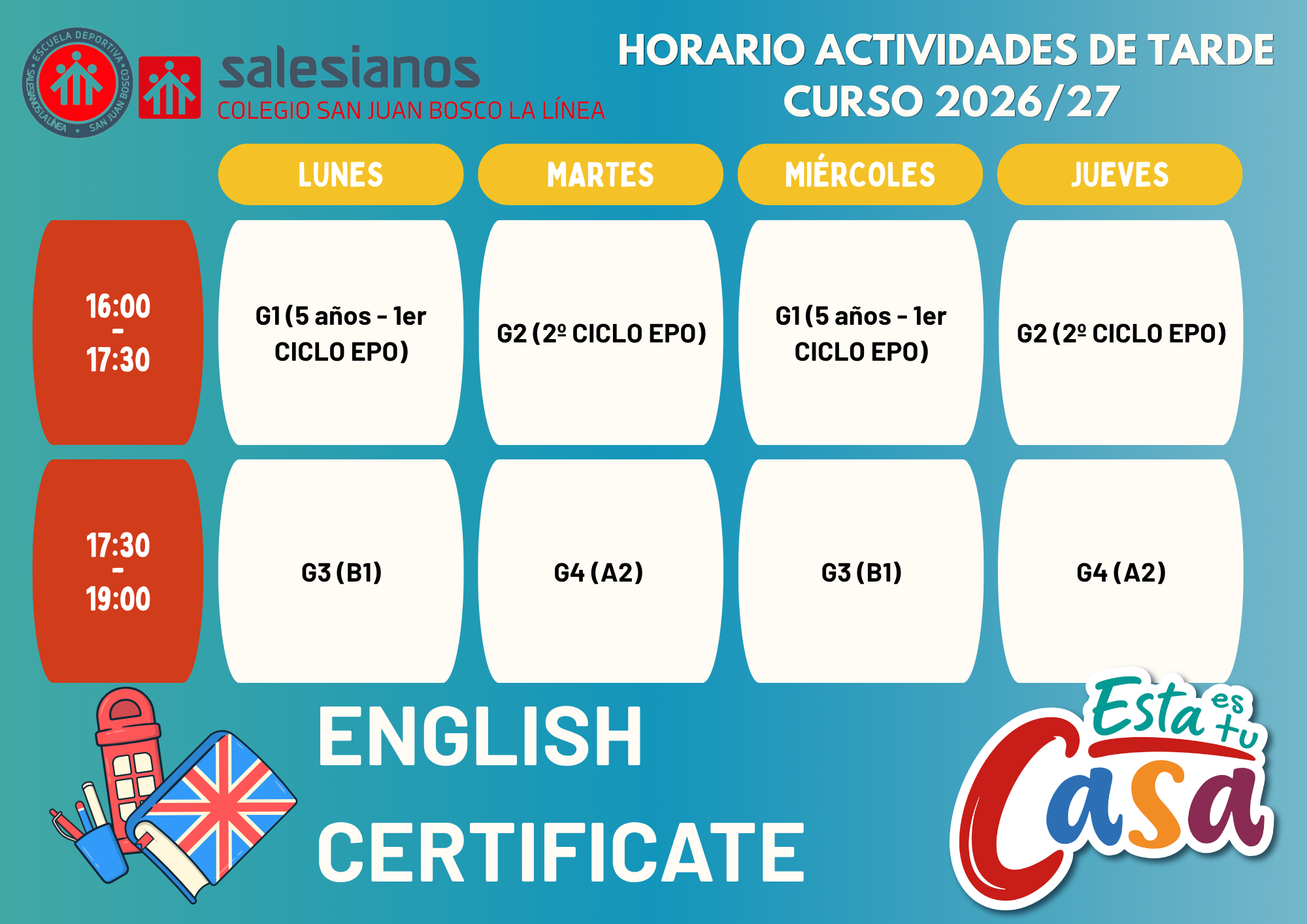 Horarios actividades tarde